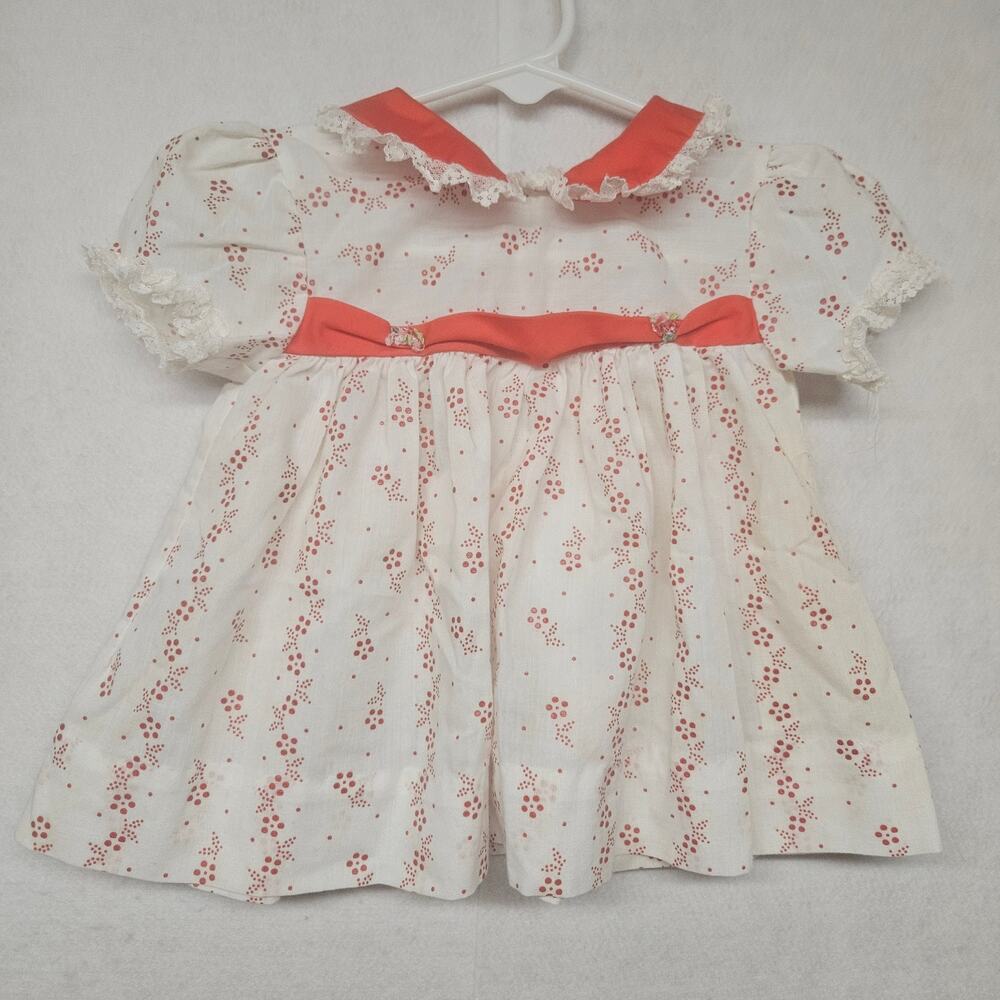 Vintage 80s Baby Girl White Floral Dress Red Ribbon Trim Peter Pan Collar